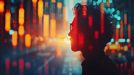 Silhouette of a person with technological processing in the background, futuristic digital interface, vibrant lights.