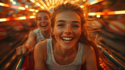 Obraz premium Excitement: A group of friends on a roller coaster, faces lit up with exhilaration.