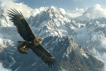 An eagle with brown and black feathers flies over a mountain range covered in snow, with fluffy white clouds in the sky. Generative AI
