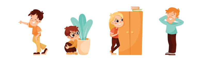 Kids Playing Hide and Seek Game Have Fun Vector Set