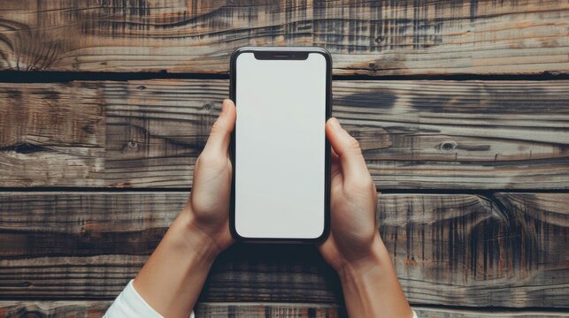 Woman s hand holding smartphone with blank screen on wooden backdrop Close up shot
