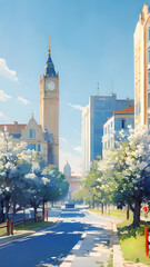 Fototapeta premium a peaceful street lined with trees, bathed in sunlight, casting long shadows.