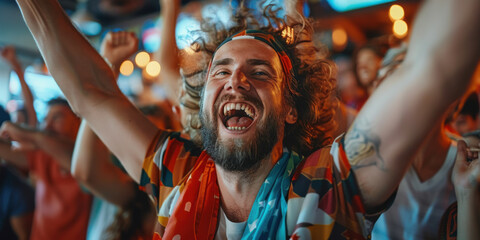 Obraz premium A bearded man cheers enthusiastically in a sports bar, capturing the energy and excitement of a live sports event.