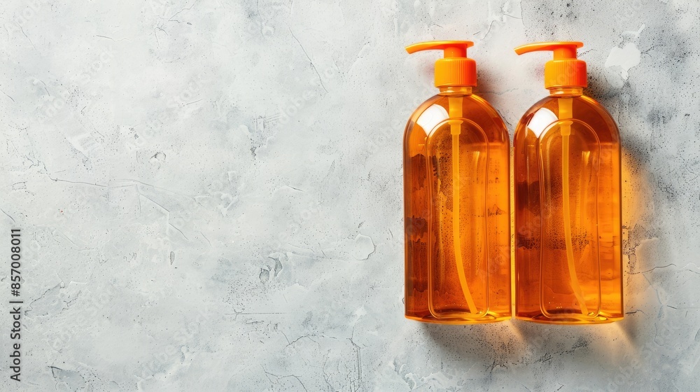 Poster Top view of two ginger colored shampoo bottles space for text Hair care concept with beautiful results