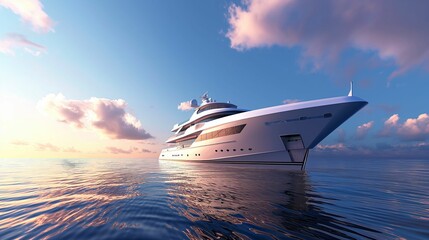 Luxury yacht sailing at sunset on open sea.