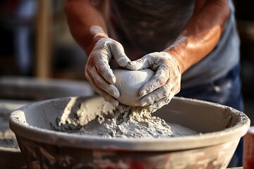 close-up hands mixing cement on construction site