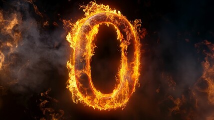 Number zero engulfed in flames with smoky background.