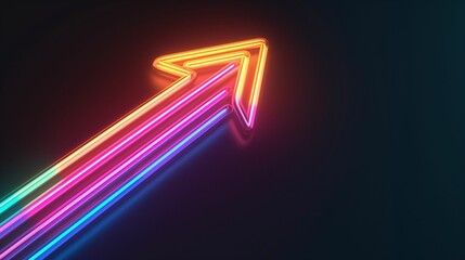Neon arrow in rainbow colors pointing upward on dark background.