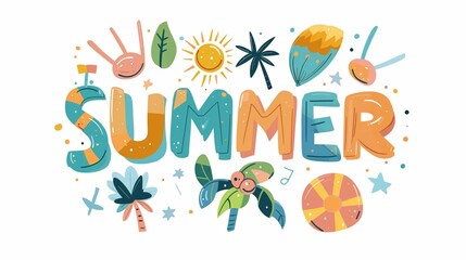 Colorful summer-themed illustration with playful elements and typography.