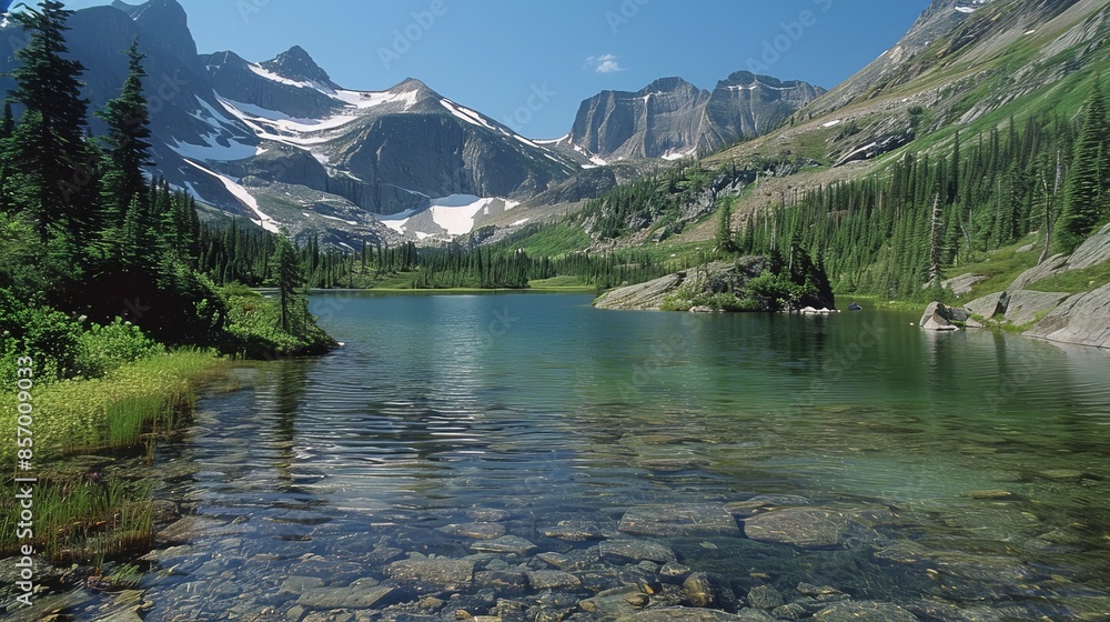 Poster imagine a tranquil glacial lake nestled in the rugged beauty of the mountains, its shimmering waters