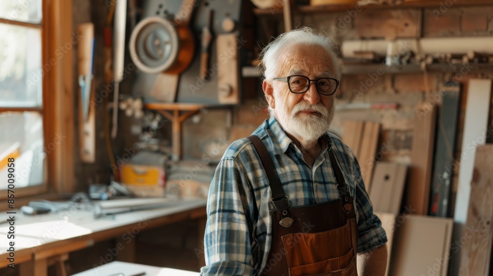 Poster an older man with a beard and glasses is standing in a workshop