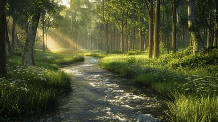 Obraz premium Imagine a tranquil forest stream winding its way through a sun-dappled glade, its gentle babbling and cool waters inviting you to wade in and immerse yourself in the beauty of nature.