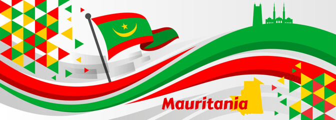vector illustration, the flag of Mauritania flying against a blue sky background, as a Mauritania independence day banner.

