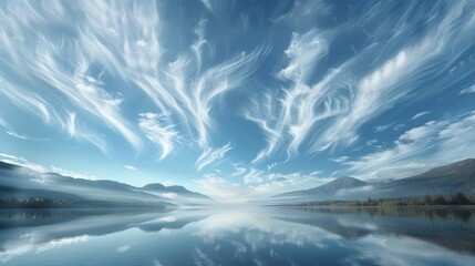 Imagine a tranquil lakeside retreat beneath a sky filled with wisps of cirrostratus clouds, their delicate tendrils creating a soft and ethereal light that bathes the landscape in a gentle glow.