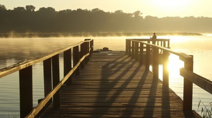 Fototapeta premium Imagine a tranquil morning at a fishing pier. Picture the calm water, early sunlight, and a few fishermen casting their lines, enjoying the peaceful start to a summer day.