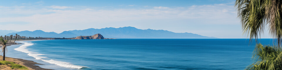 Fototapeta premium A beautiful ocean view with a palm tree in the background