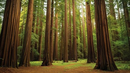 Obraz premium Imagine an ancient redwood forest. Picture the towering trees reaching up to the sky, their massive trunks and dense canopy creating a sense of awe and wonder as you walk among them.