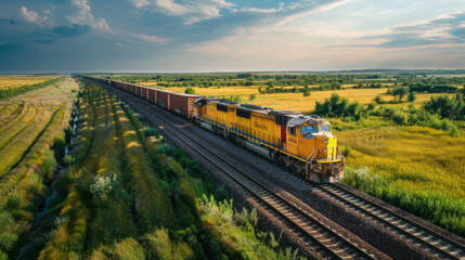 Freight train traveling through a vast countryside with fields and greenery, under a clear sky with scenic views.