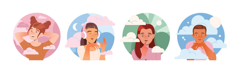 Dreaming People Characters with Their Heads in Clouds Having Fancy Imagination Vector Set