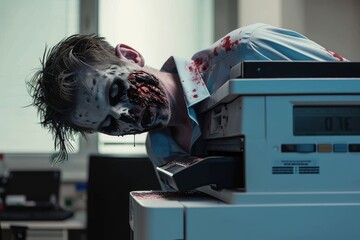 Gloomy man with zombie makeup keeping head on screen of xerox machine Gloomy man with zombie greesepaint on face keeping head on screen of xerox machine