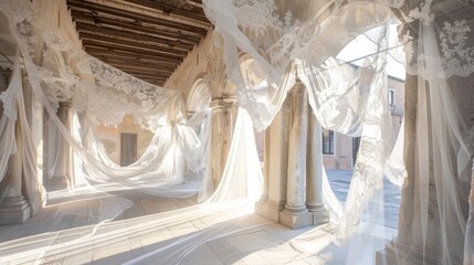 Delicate lace fabric adorns the walls and archways giving the city square a romantic and ethereal feel.