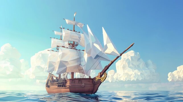 Low Poly Ship Sailing On The Sea.