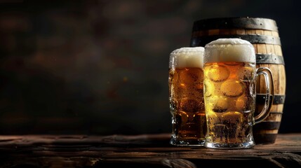 Beer glasses with a wooden barrel background