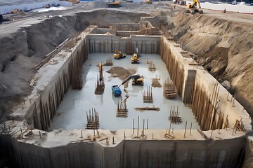 Construction of the foundation of a multi-storey building in the city.
