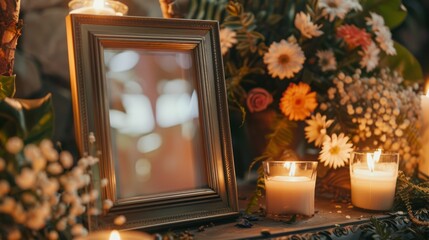 An empty frame for a photo or text near a funeral memorial with candles and flowers
