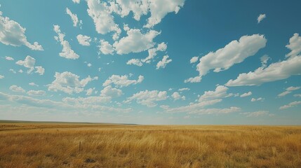Obraz premium Picture a peaceful prairie landscape beneath an endless expanse of blue sky, with scattered cumulus clouds casting shadows on the golden fields below and adding drama to the horizon.