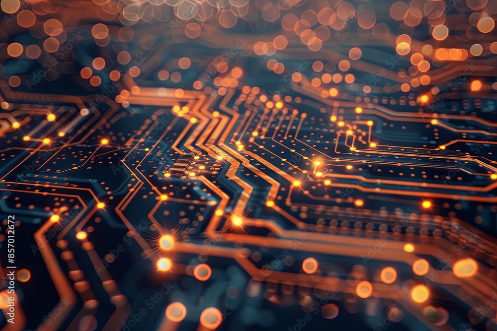 Poster close-up image of a circuit board with orange lines and glowing points. generative ai