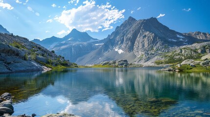 Picture a serene alpine lake nestled among towering peaks, its pristine waters reflecting the surrounding mountains and providing a peaceful haven for wildlife and adventurers alike.