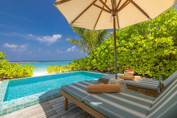 Fantastic private villa, terrace view with sun beds chairs under umbrella, luxury pool hotel...