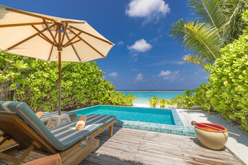Fantastic private villa, terrace view with sun beds chairs under umbrella, luxury pool hotel stunning summer pattern. Beautiful spa or wellness, recreational vacation resort tourism. Tranquil sea sky