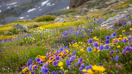 Obraz premium Picture a serene alpine meadow blanketed in colorful alpine flowers, their tiny blooms dotting the landscape with hues of purple, yellow, and blue, creating a vibrant and picturesque scene.