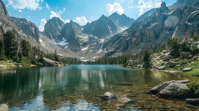 Picture a serene alpine lake nestled among towering peaks, its pristine waters reflecting the surrounding mountains and providing a peaceful haven for wildlife and adventurers alike.