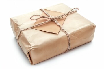 A sealed parcel box with a shipping label, isolated on a white background, detailed textures, high-definition, studio lighting
