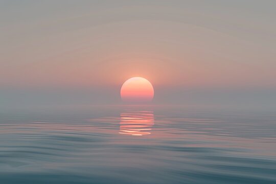 Fototapeta A stunning image of a minimalist sunset over the ocean, with the sun dipping below the horizon, creating a soft, hazy glow. Generative AI