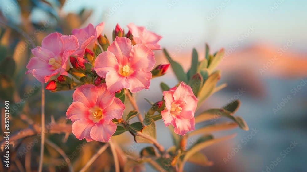 Poster picture a serene desert oasis blooming with the delicate beauty of desert roses, their soft pink pet