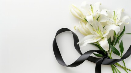Beautiful lily flowers and black funeral ribbon on white background with space for text