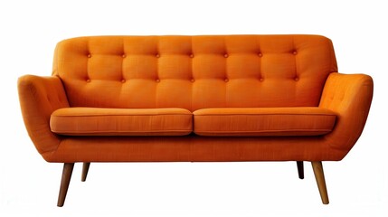 A mid-century modern sofa with wooden legs, isolated on a white background, vivid colors, sharp focus, high-resolution