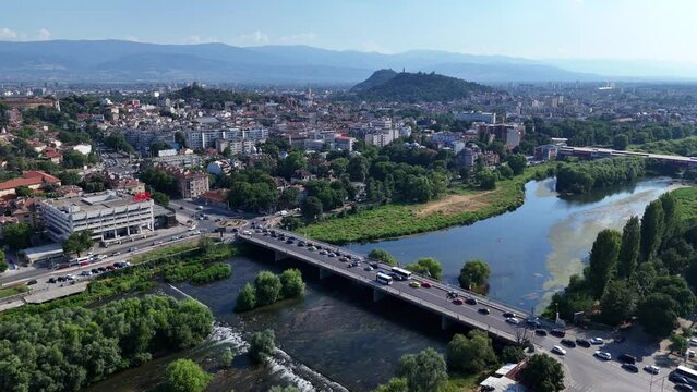 Plovdiv Maritsa river top view drone panorama video