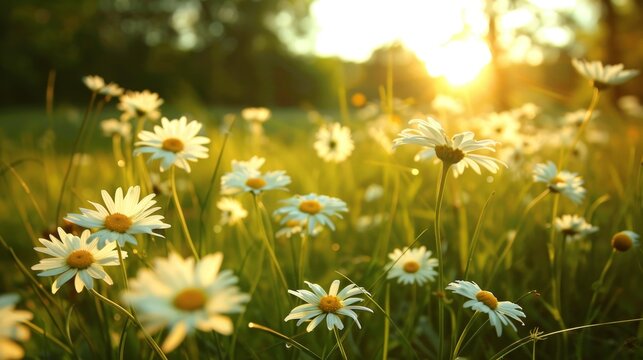 Picture a serene meadow carpeted in a blanket of daisies, their cheerful white blooms and yellow centers brightening the landscape and attracting bees and butterflies.