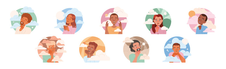 Dreaming People Characters with Their Heads in Clouds Having Fancy Imagination Vector Set