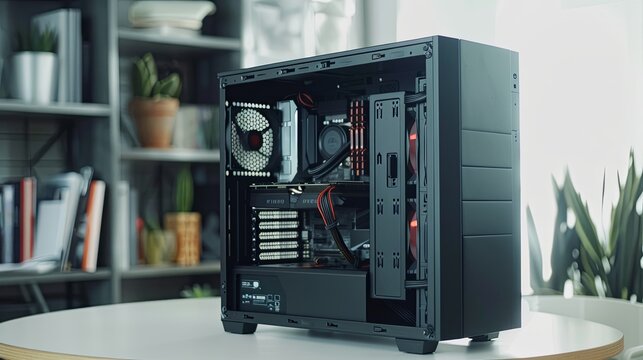 Back side of midi tower computer case on white table