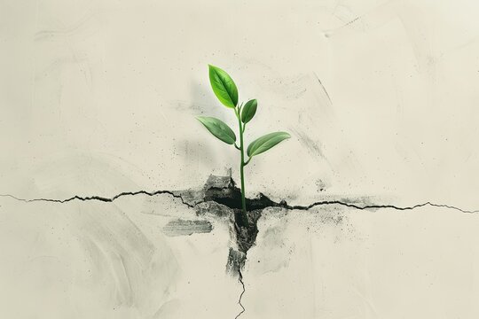 A minimalist illustration of a green seedling growing out of a crack in a concrete wall. Generative AI
