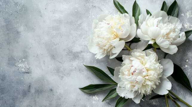 Fresh white peony flowers on light gray table background. Empty place for emotional, sentimental text, quote or sayings. Closeup. Top down view