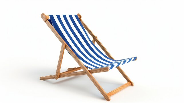 A classic wooden beach chair with blue and white stripes, isolated on a white background, high-definition, sharp details, studio lighting