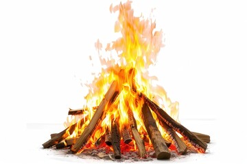 A blazing bonfire with intense heat, isolated on a white background, rich details, high-definition, sharp focus