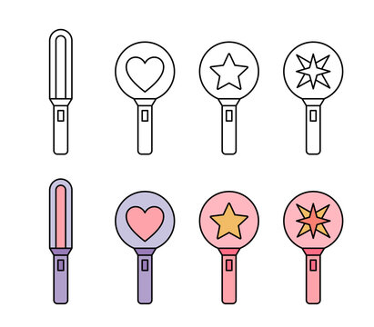 K-pop light stick. Various types of boy band and girl band light stick doodle sticker. Concert, fan meeting, heart, star, cheering sign.